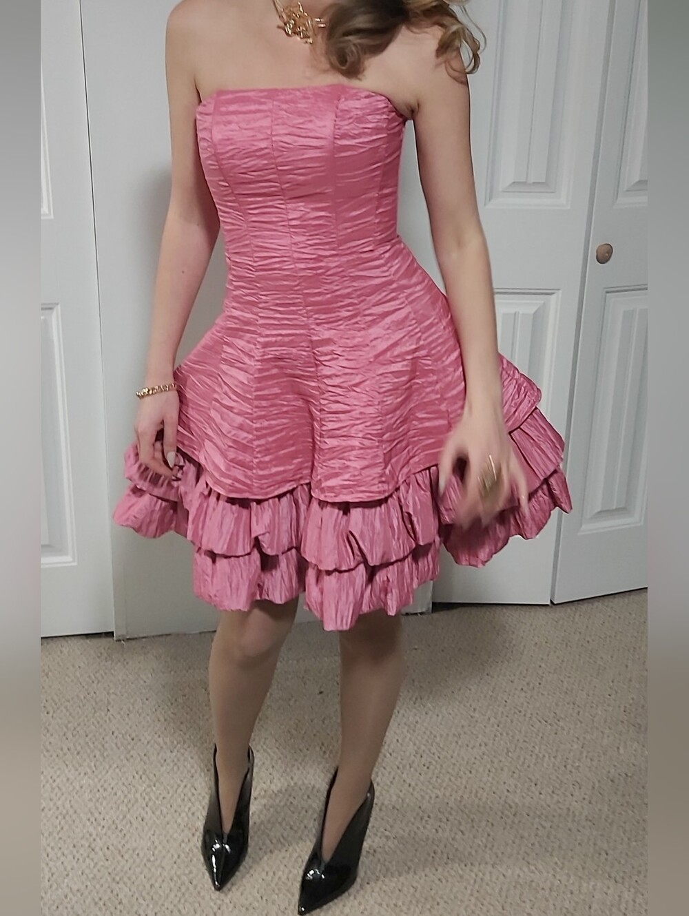Morgan & Co. Strapless Pink Ruffled Tiered Mini Dress